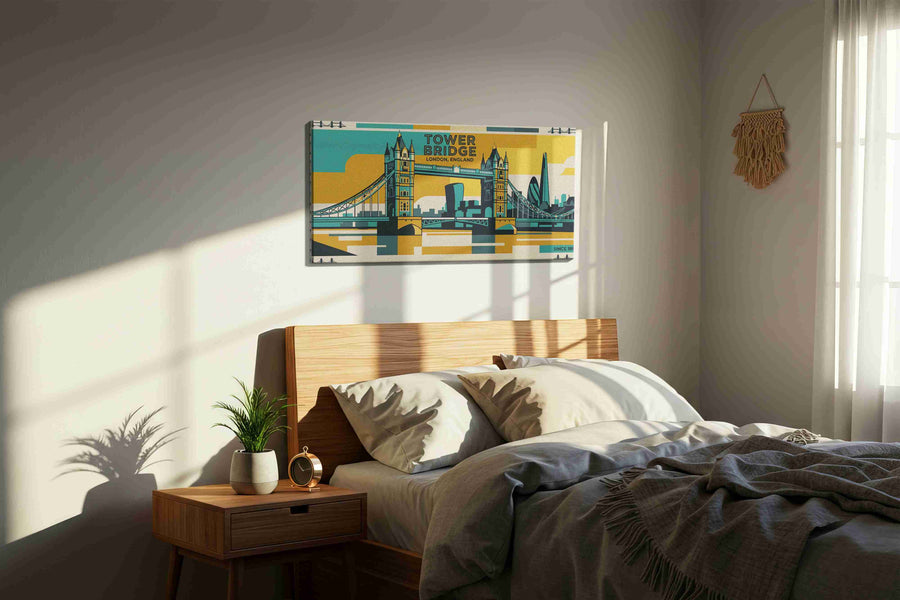 Golden Thames Sentinel landmark canvas wall art displayed above a bed in a styled bedroom scene