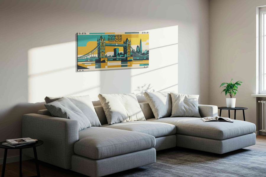 Golden Thames Sentinel landmark canvas wall art displayed above a sofa in a styled living room scene