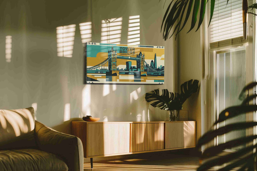 Golden Thames Sentinel landmark canvas wall art in a contemporary interior mockup