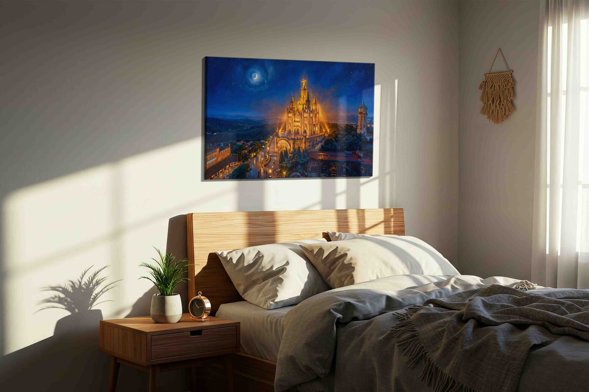 Moonlit Cathedral of Radiance landmark canvas wall art displayed above a bed in a styled bedroom scene