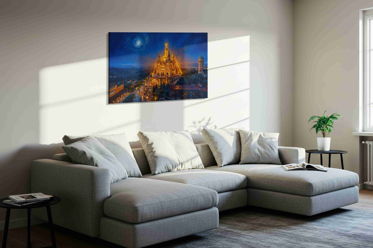 Moonlit Cathedral of Radiance landmark canvas wall art styled in a living room