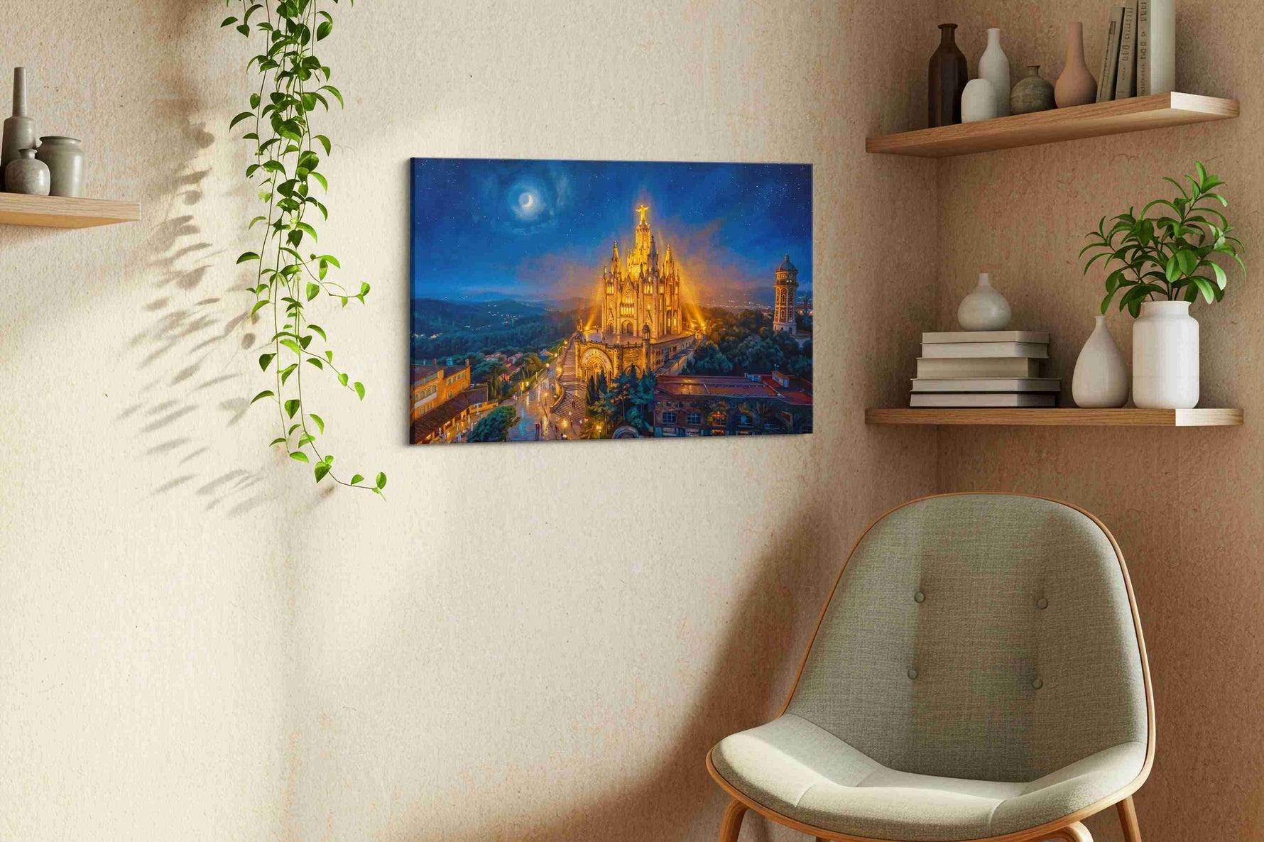Moonlit Cathedral of Radiance landmark canvas wall art shown hanging in a sleek modern interior