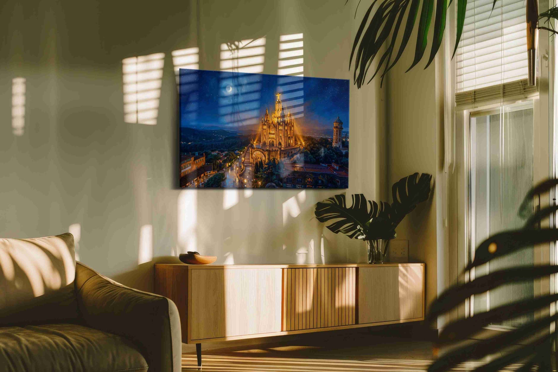 Moonlit Cathedral of Radiance landmark canvas wall art displayed above a bed in a contemporary bedroom