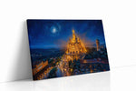 Moonlit Cathedral of Radiance landmark canvas wall art displayed above a sofa in a modern living room