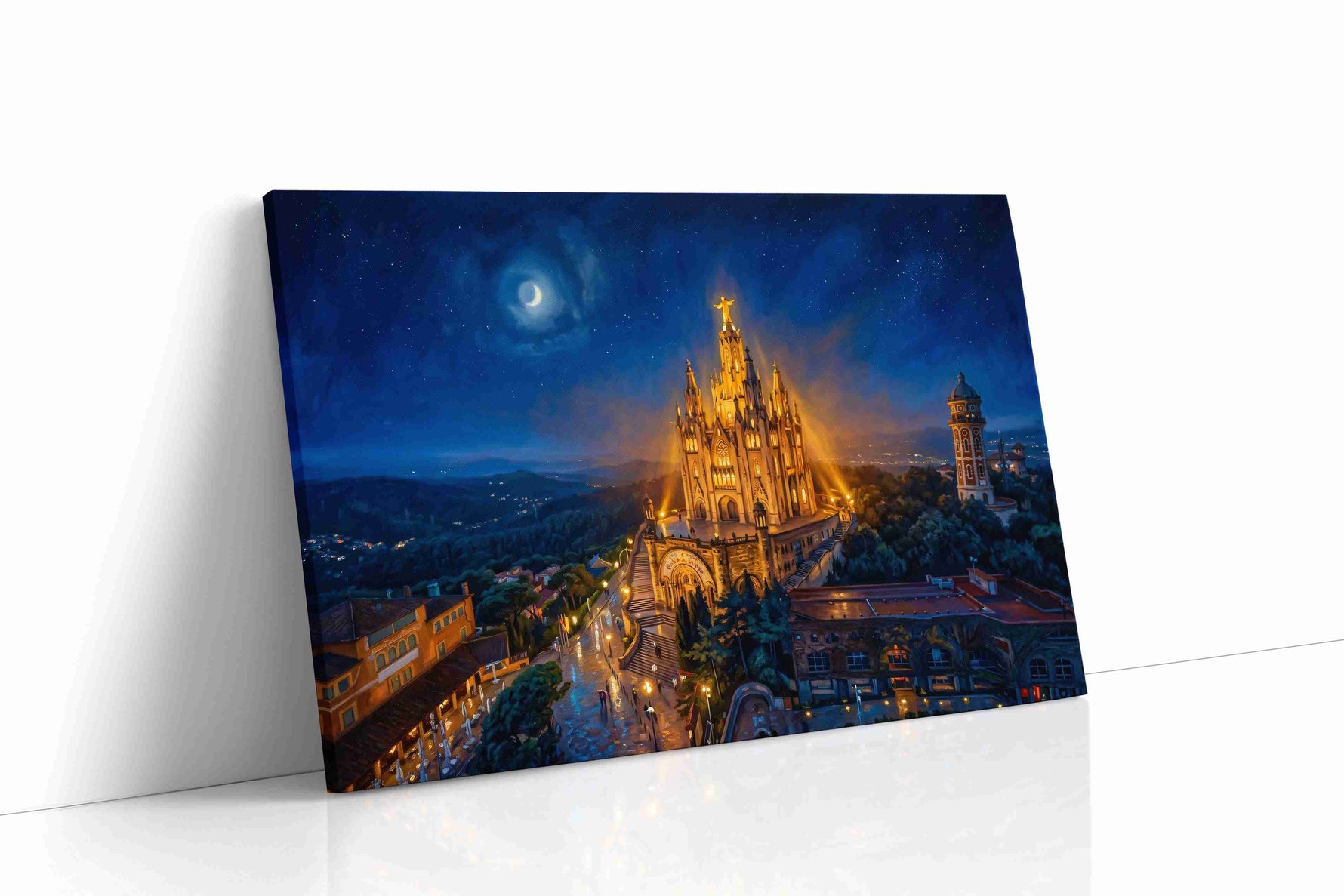 Moonlit Cathedral of Radiance landmark canvas wall art displayed above a sofa in a modern living room