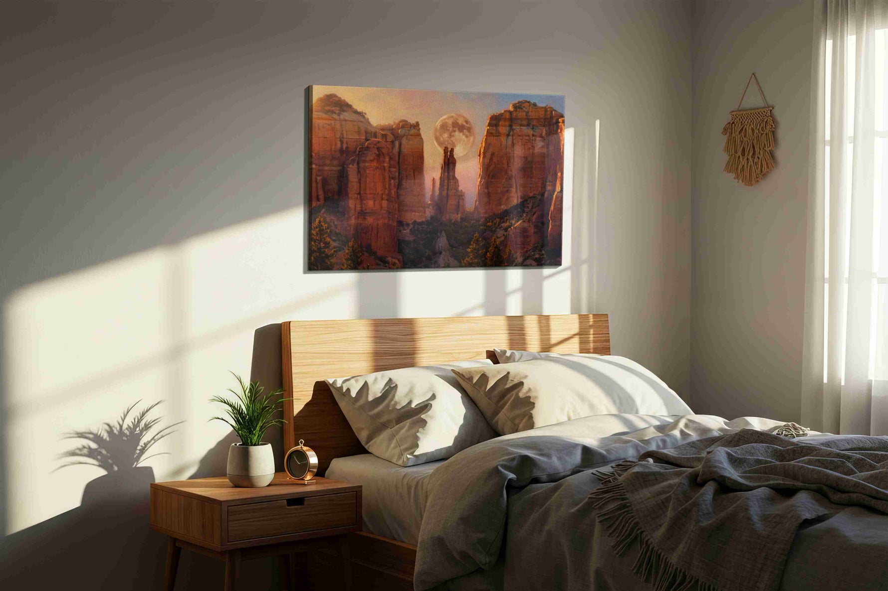 Moonrise Through Cathedral Spires landmark canvas wall art styled in a bedroom