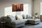 Moonrise Through Cathedral Spires landmark canvas wall art displayed above a sofa in a modern living room