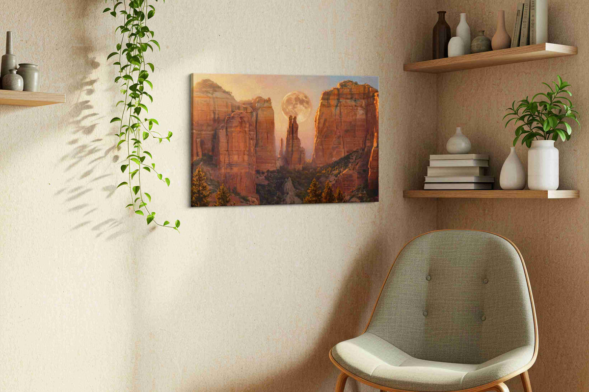 Moonrise Through Cathedral Spires landmark canvas wall art displayed above a bed in a contemporary bedroom