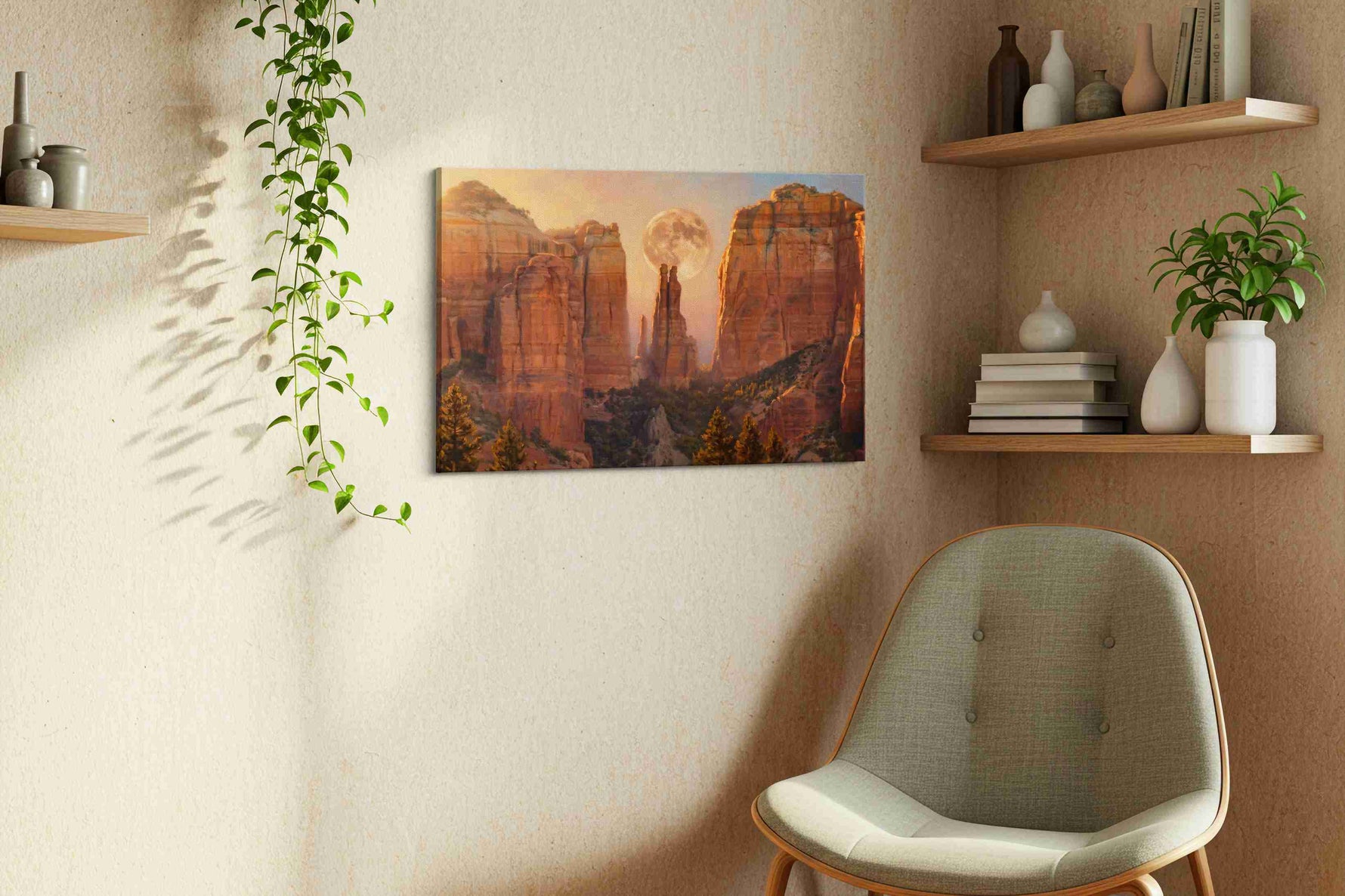 Moonrise Through Cathedral Spires landmark canvas wall art displayed above a bed in a contemporary bedroom