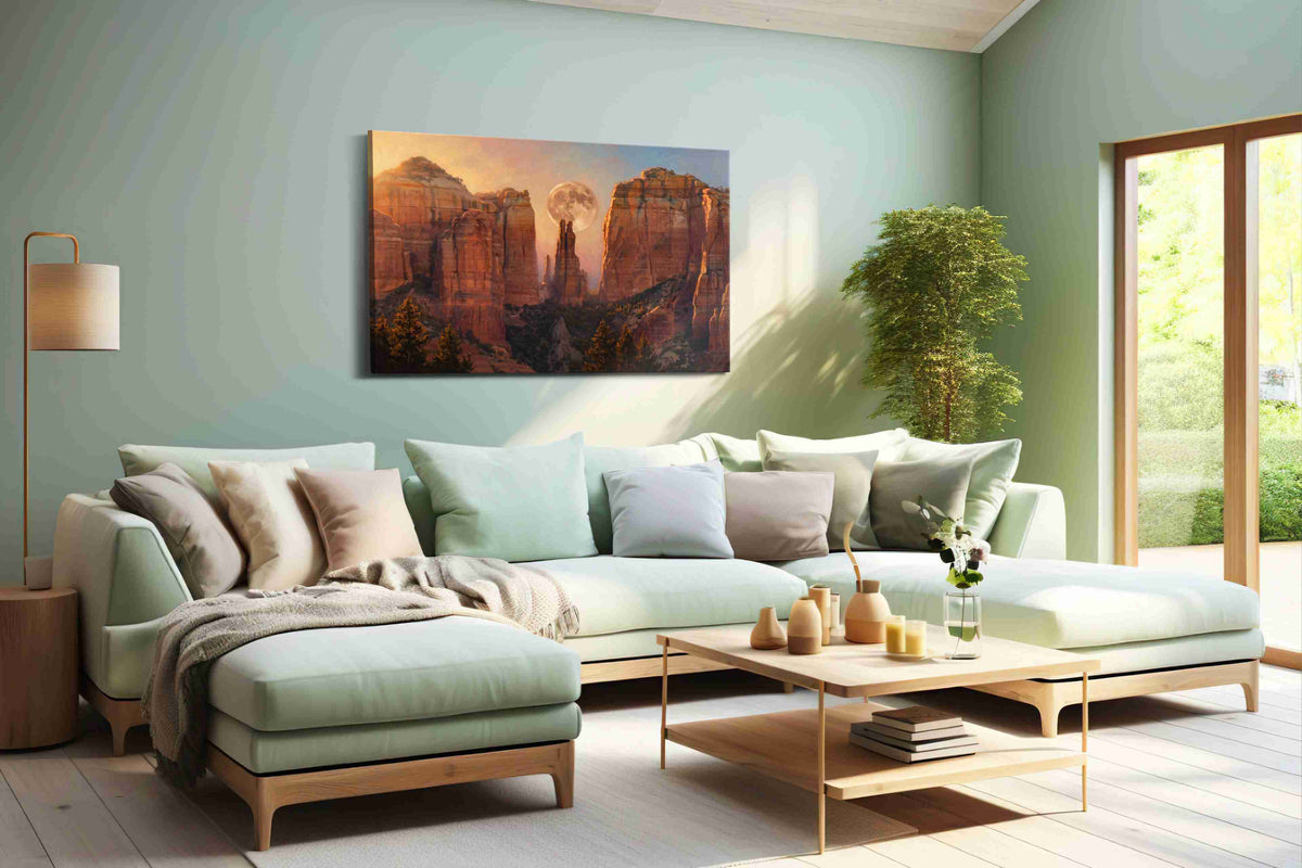 Moonrise Through Cathedral Spires landmark canvas wall art shown in a wall scene