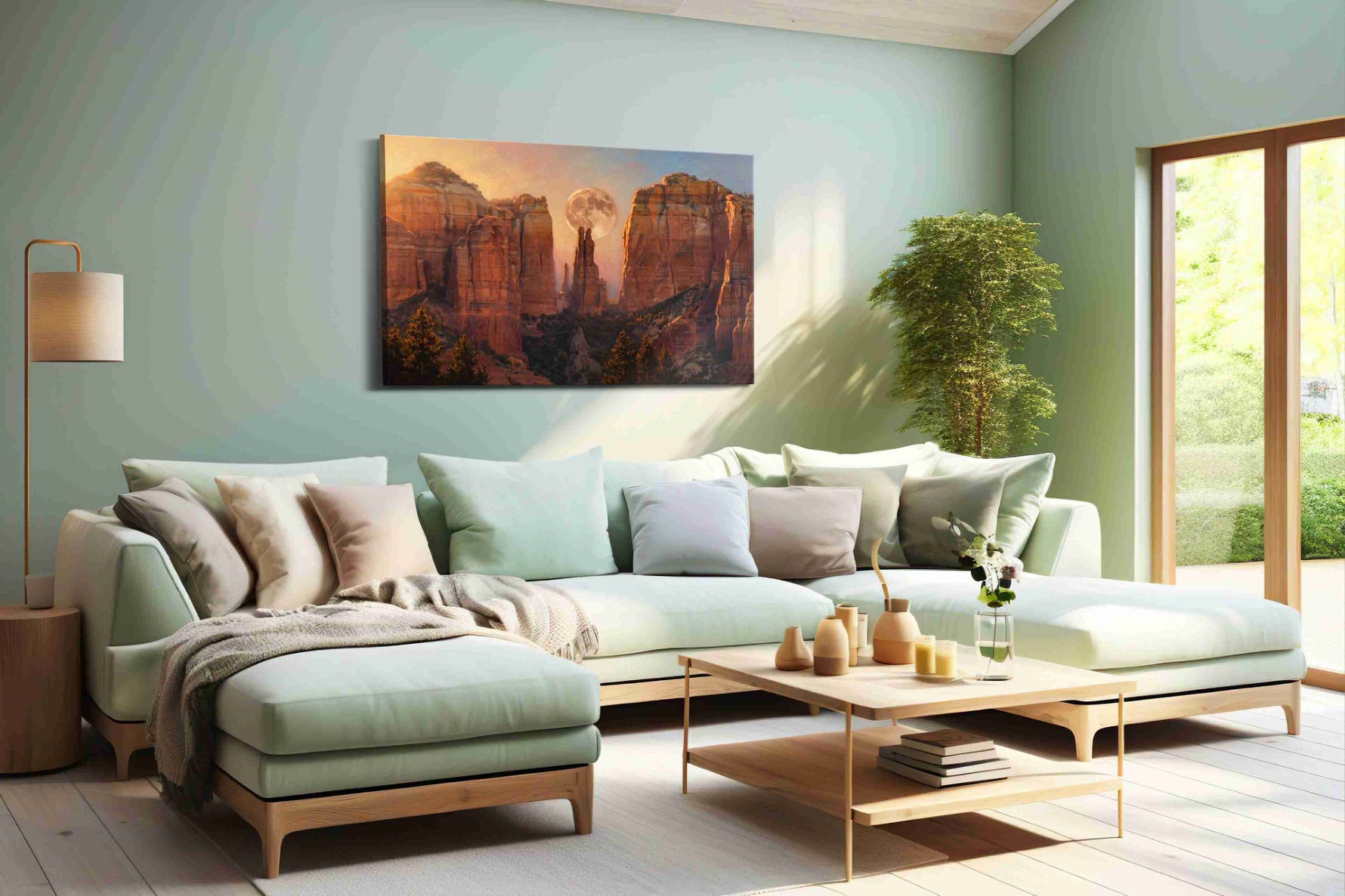 Moonrise Through Cathedral Spires landmark canvas wall art shown in a wall scene