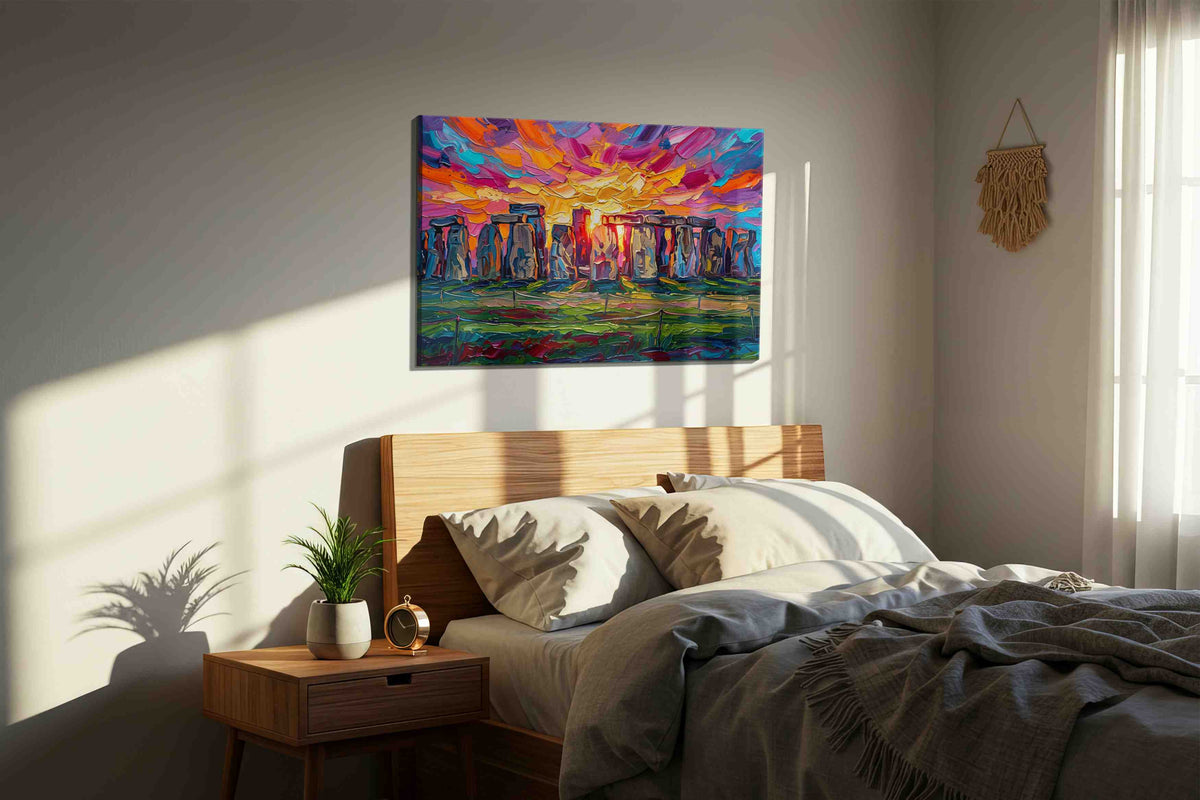 Solstice Over Standing Stones landmark canvas wall art displayed above a bed in a styled bedroom scene
