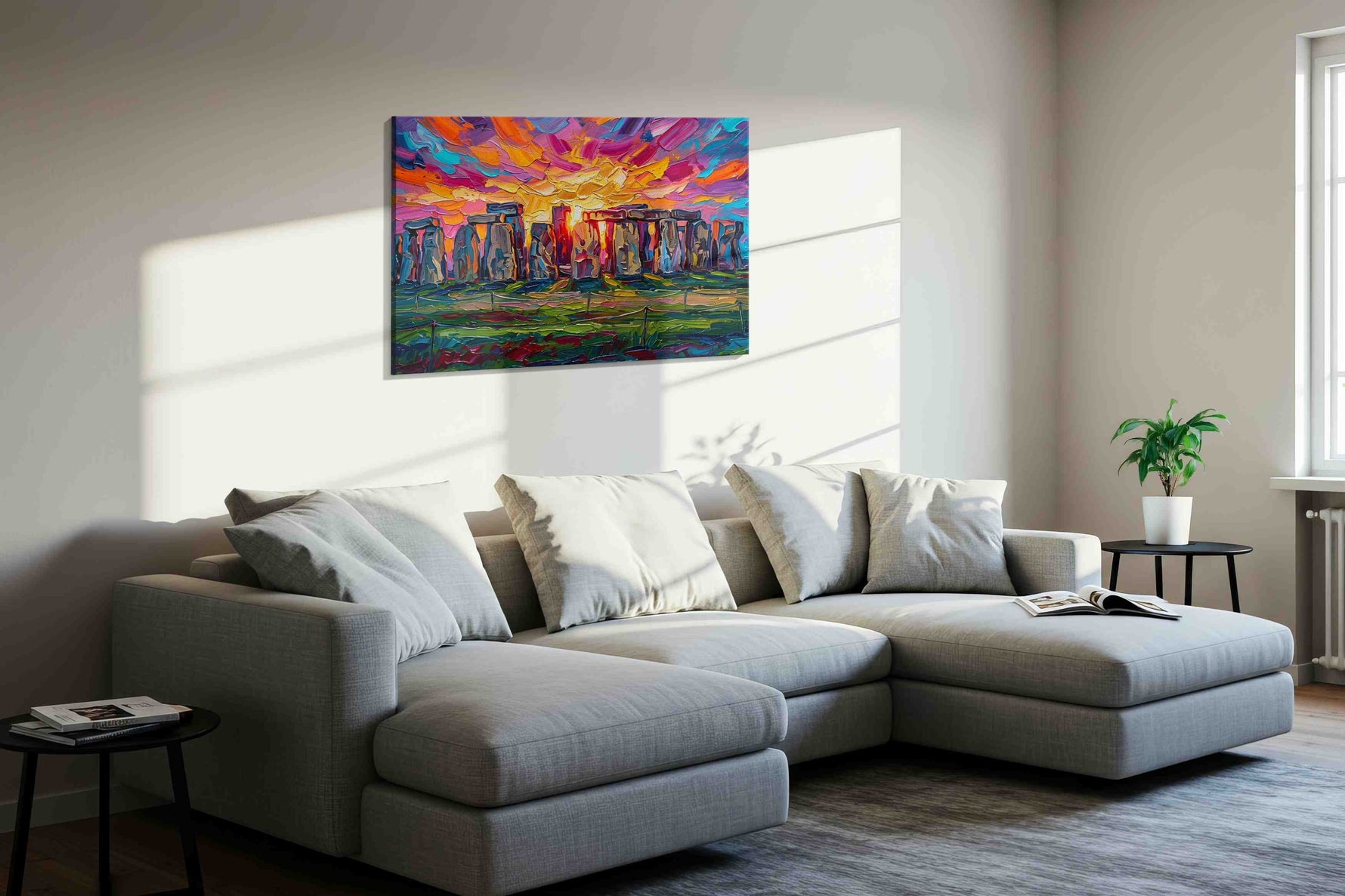 Solstice Over Standing Stones landmark canvas wall art styled in a living room