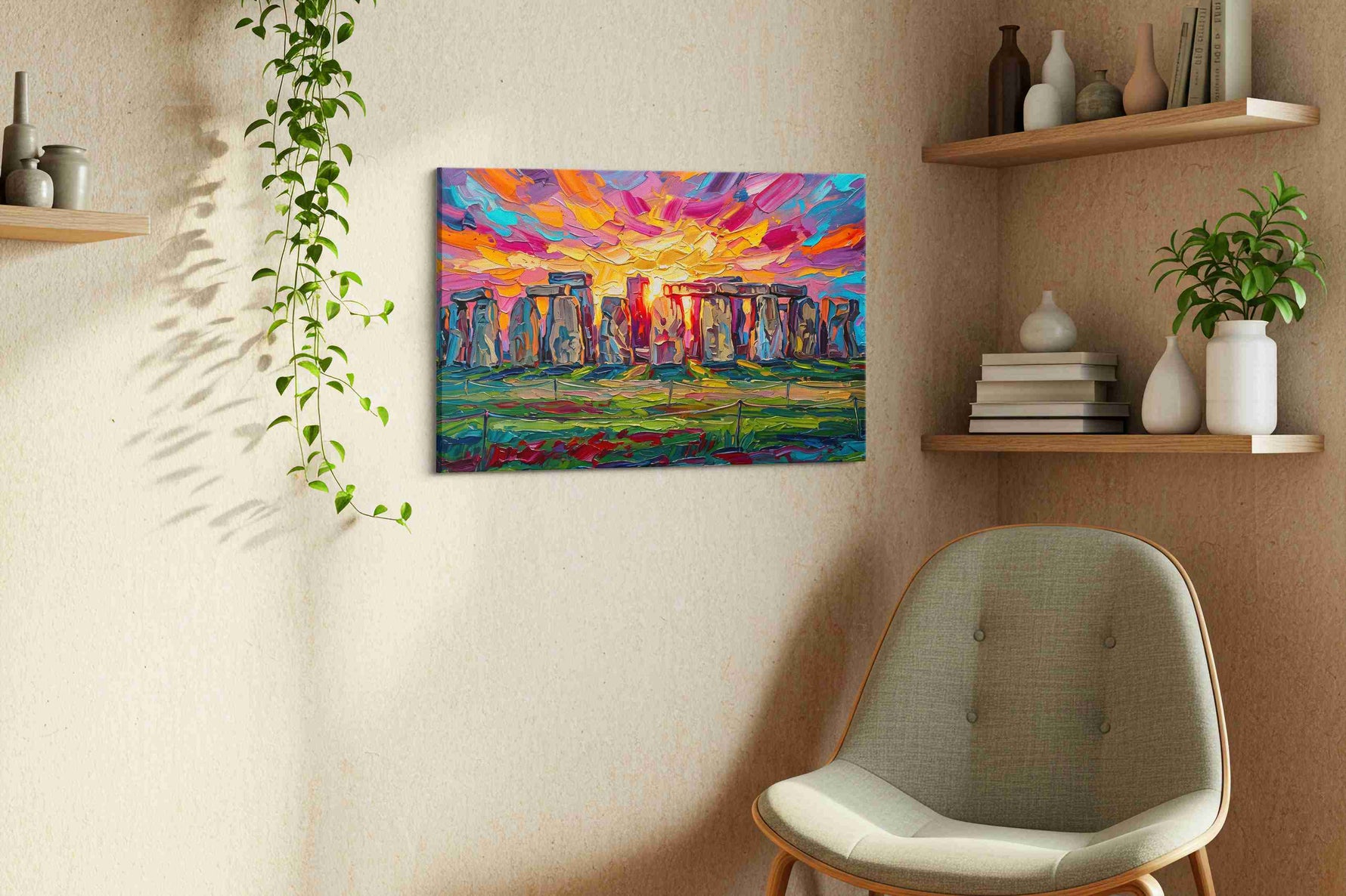 Solstice Over Standing Stones landmark canvas wall art shown hanging in a sleek modern interior
