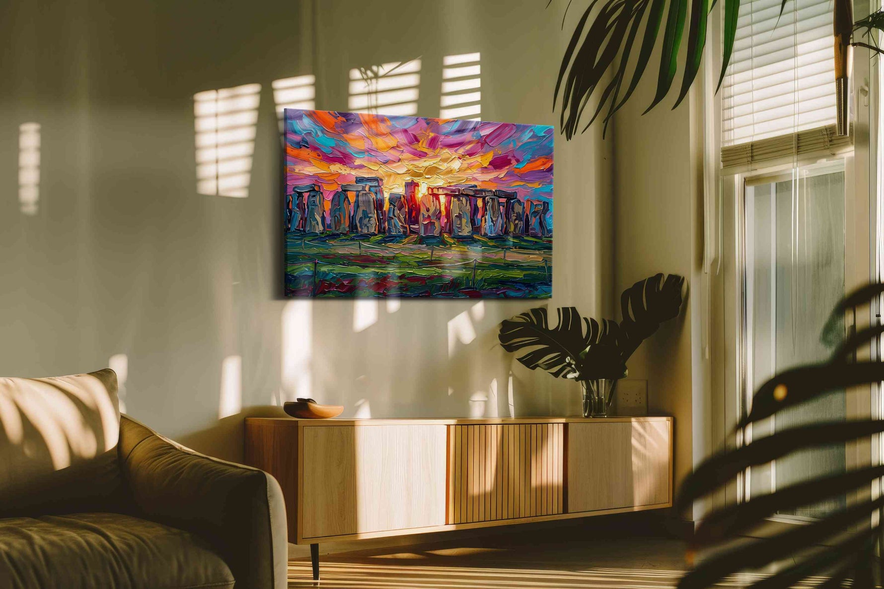 Solstice Over Standing Stones landmark canvas wall art shown hanging in a styled interior