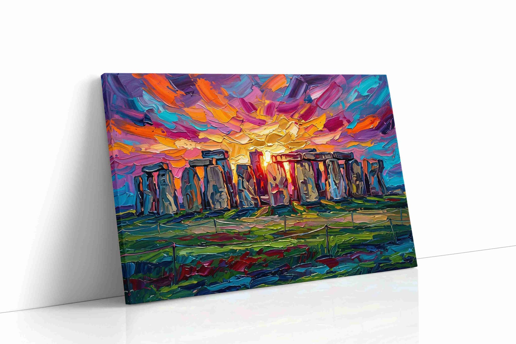 Solstice Over Standing Stones landmark canvas wall art displayed above a bed in a contemporary bedroom