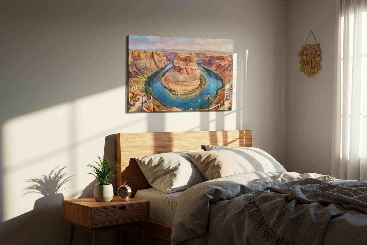 Sunlit Meander Reverie landmark canvas wall art displayed above a bed in a styled bedroom scene