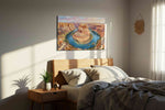 Sunlit Meander Reverie landmark canvas wall art displayed above a bed in a styled bedroom scene