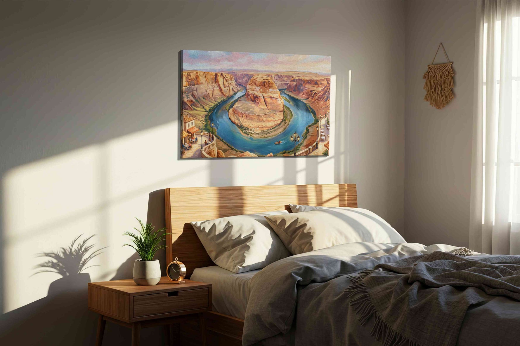 Sunlit Meander Reverie landmark canvas wall art displayed above a bed in a styled bedroom scene
