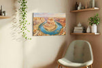 Sunlit Meander Reverie landmark canvas wall art styled in a living room