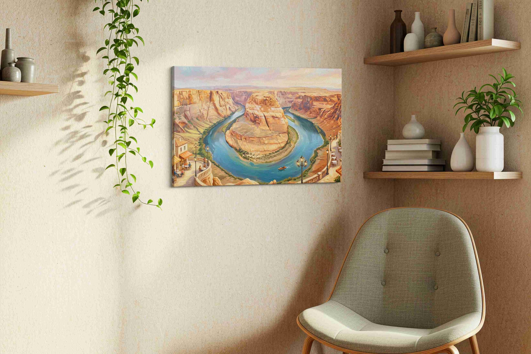 Sunlit Meander Reverie landmark canvas wall art styled in a living room