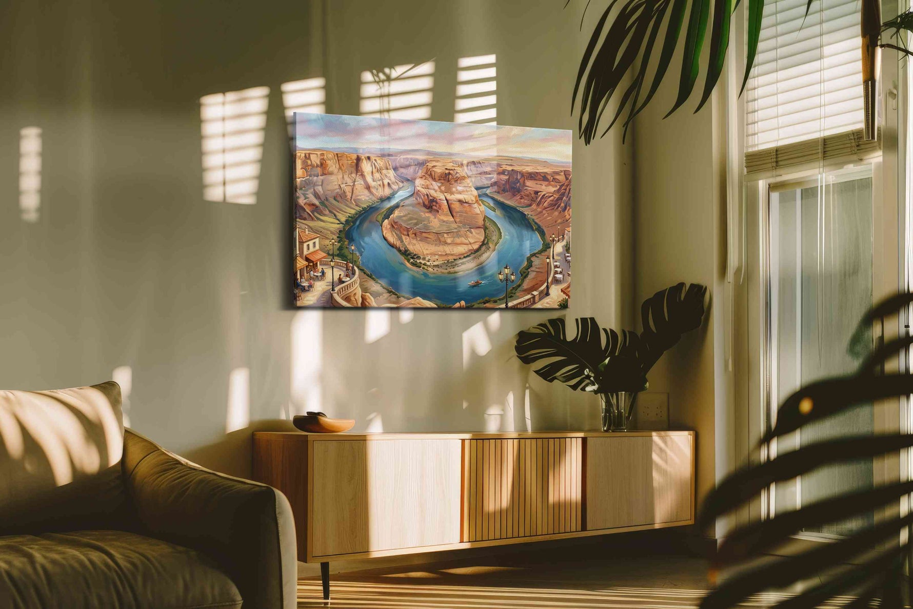 Sunlit Meander Reverie landmark canvas wall art in a contemporary interior mockup