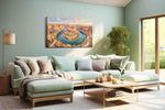 Sunlit Meander Reverie landmark canvas wall art shown hanging in a styled interior