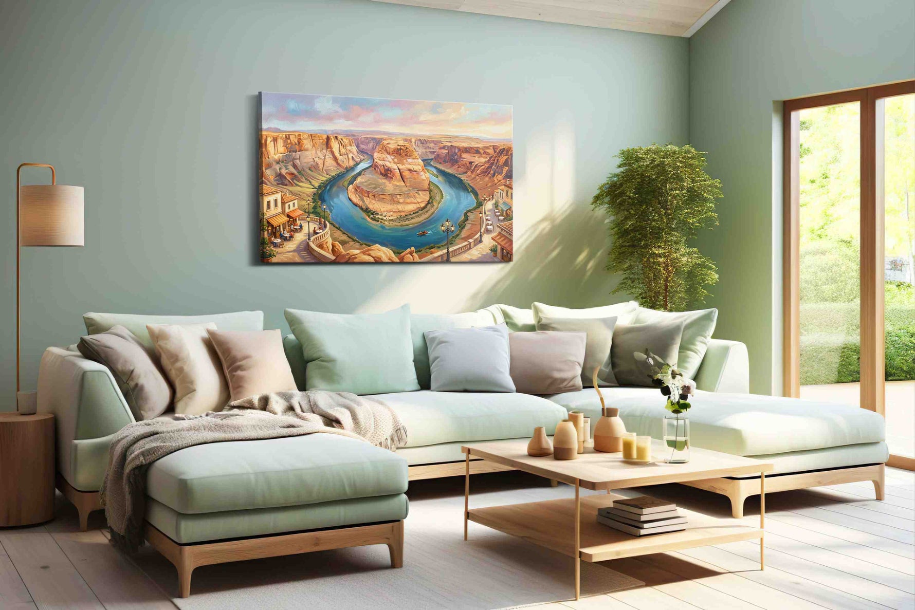 Sunlit Meander Reverie landmark canvas wall art shown hanging in a styled interior