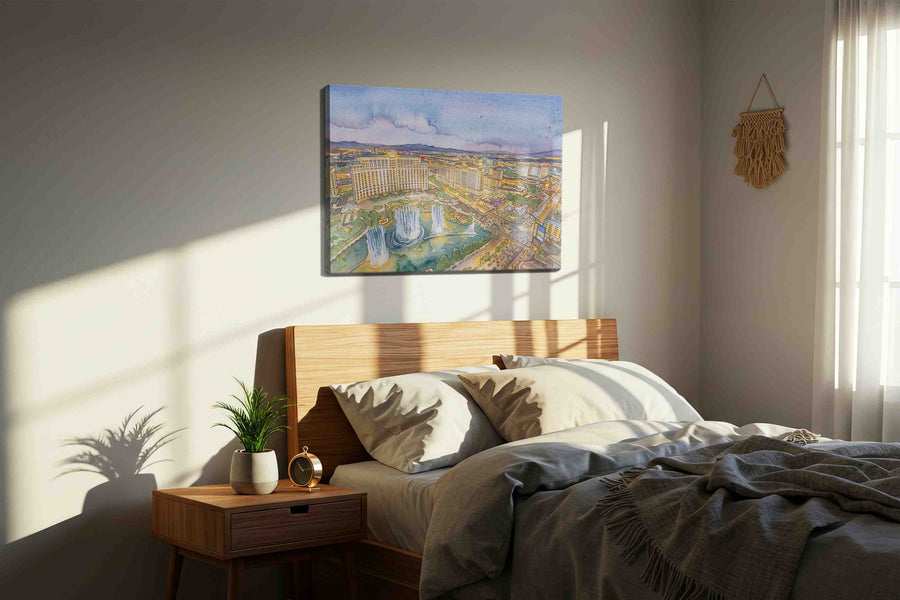 Twilight Over the Bellagio Fountains landmark canvas wall art displayed above a sofa in a modern living room