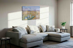 Twilight Over the Bellagio Fountains landmark canvas wall art shown in a contemporary interior mockup