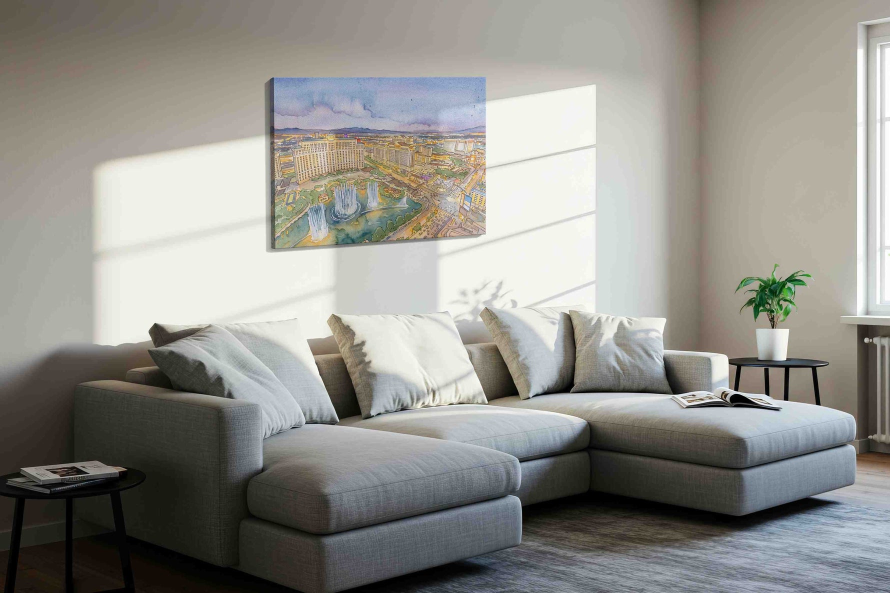 Twilight Over the Bellagio Fountains landmark canvas wall art shown in a contemporary interior mockup