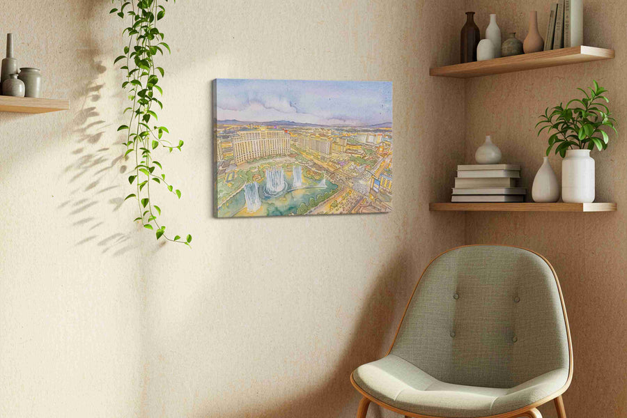 Twilight Over the Bellagio Fountains landmark canvas wall art shown hanging in a sleek modern interior
