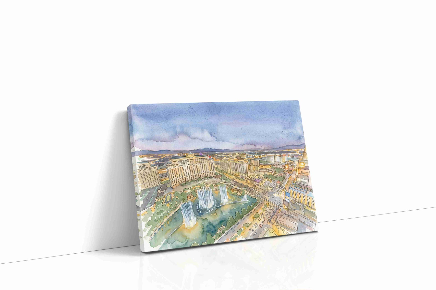Twilight Over the Bellagio Fountains landmark canvas wall art gallery-wrapped canvas studio shot