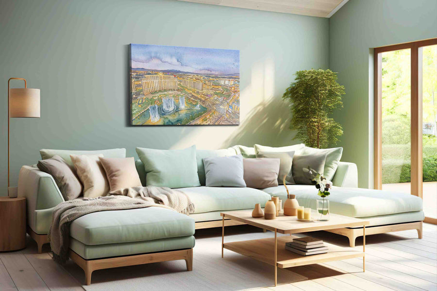 Twilight Over the Bellagio Fountains landmark canvas wall art shown in a wall scene