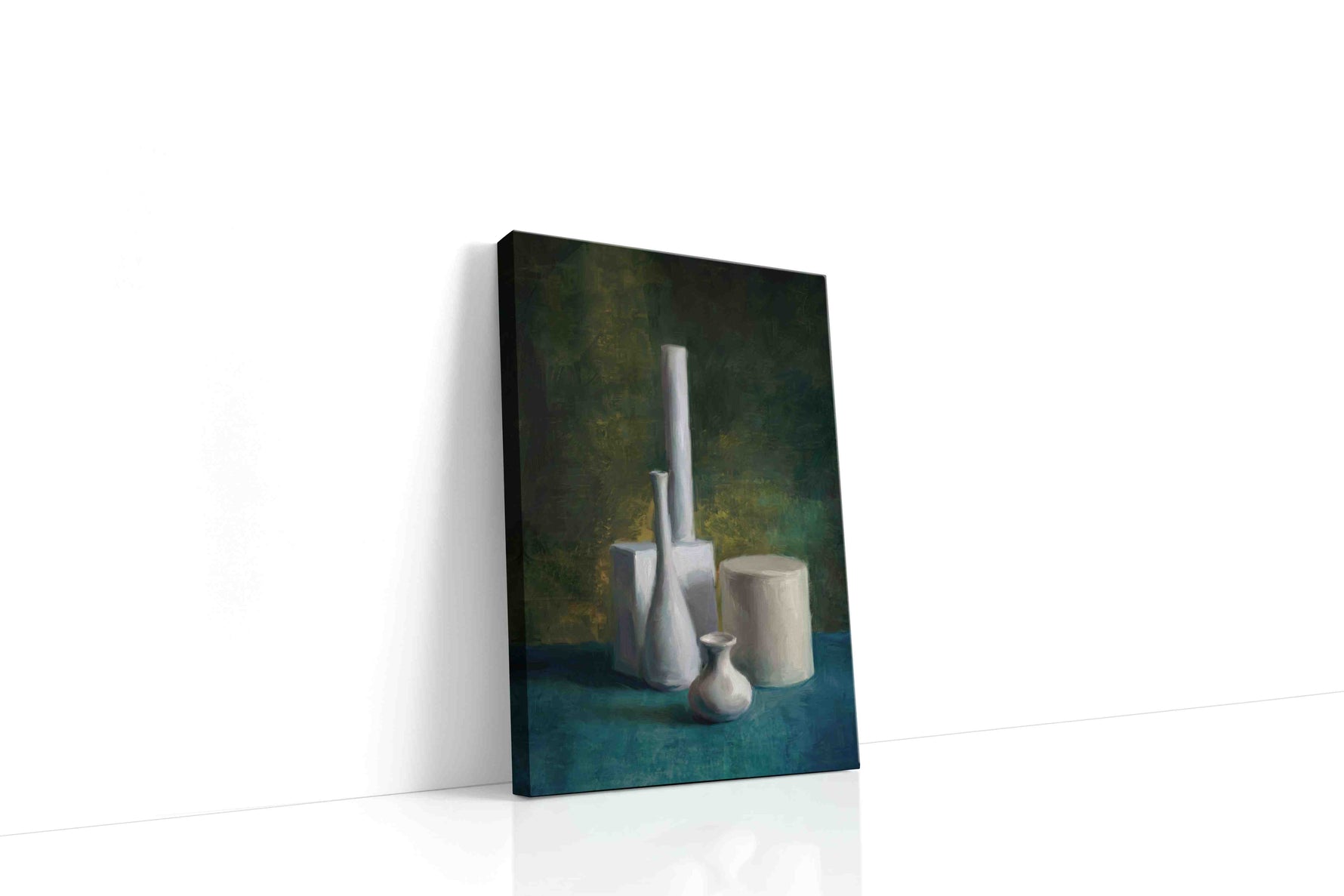Porcelain in Mosslight canvas wall art displayed above a sofa in a modern living room