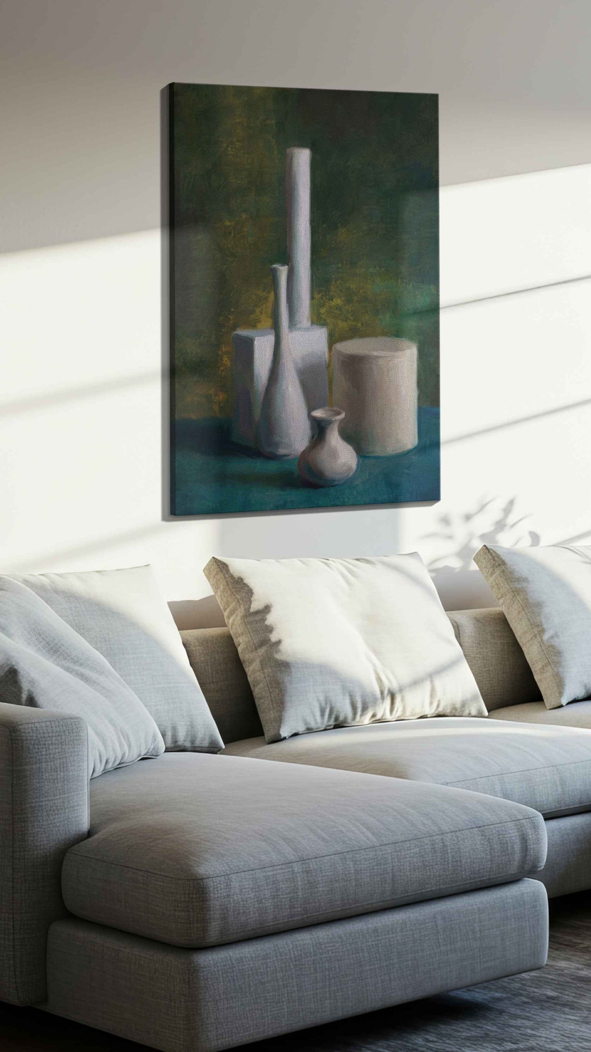 Porcelain in Mosslight canvas wall art displayed above a sofa in a styled living room scene