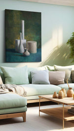 Porcelain in Mosslight canvas wall art shown hanging in a styled interior
