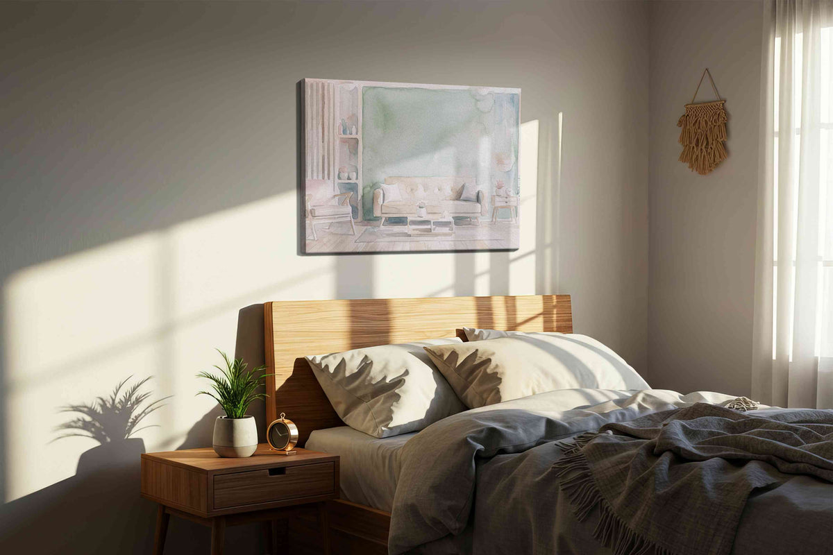 Seafoam Sanctuary canvas wall art displayed above a bed in a styled bedroom scene