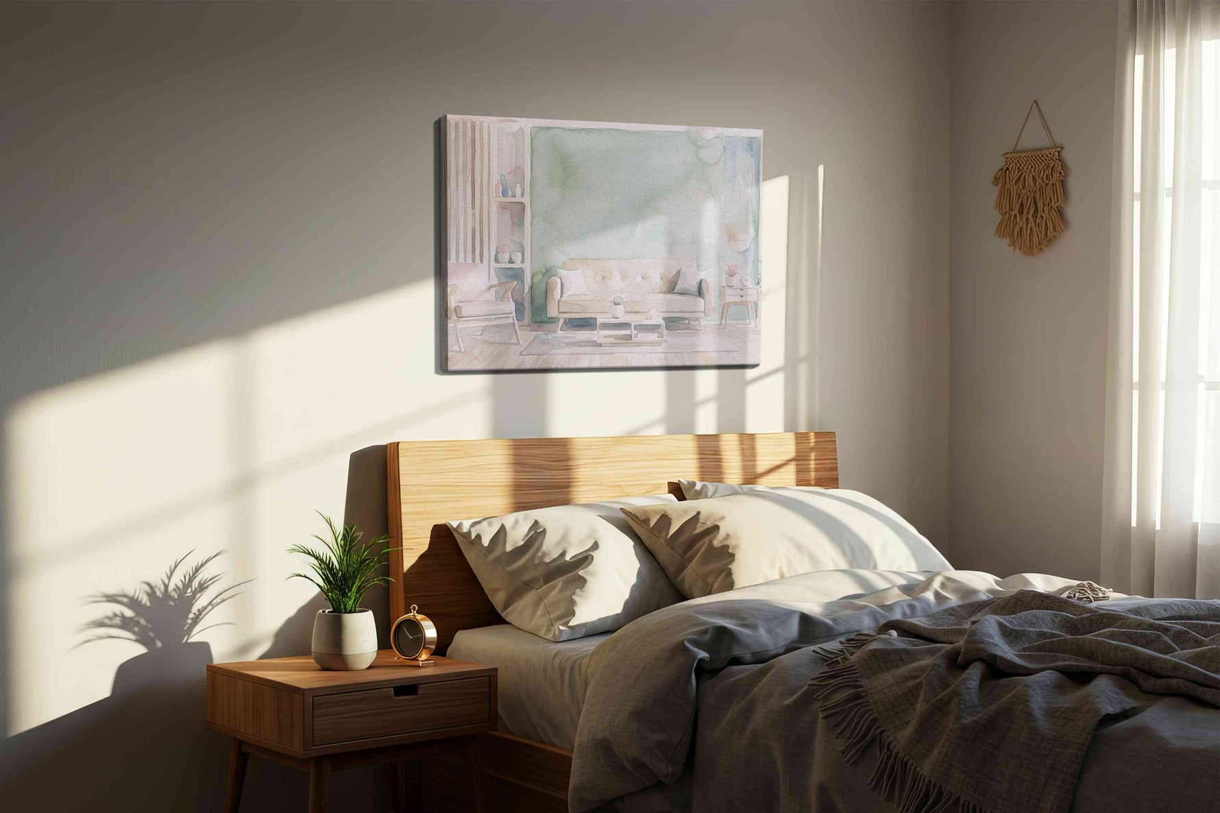 Seafoam Sanctuary canvas wall art displayed above a bed in a styled bedroom scene