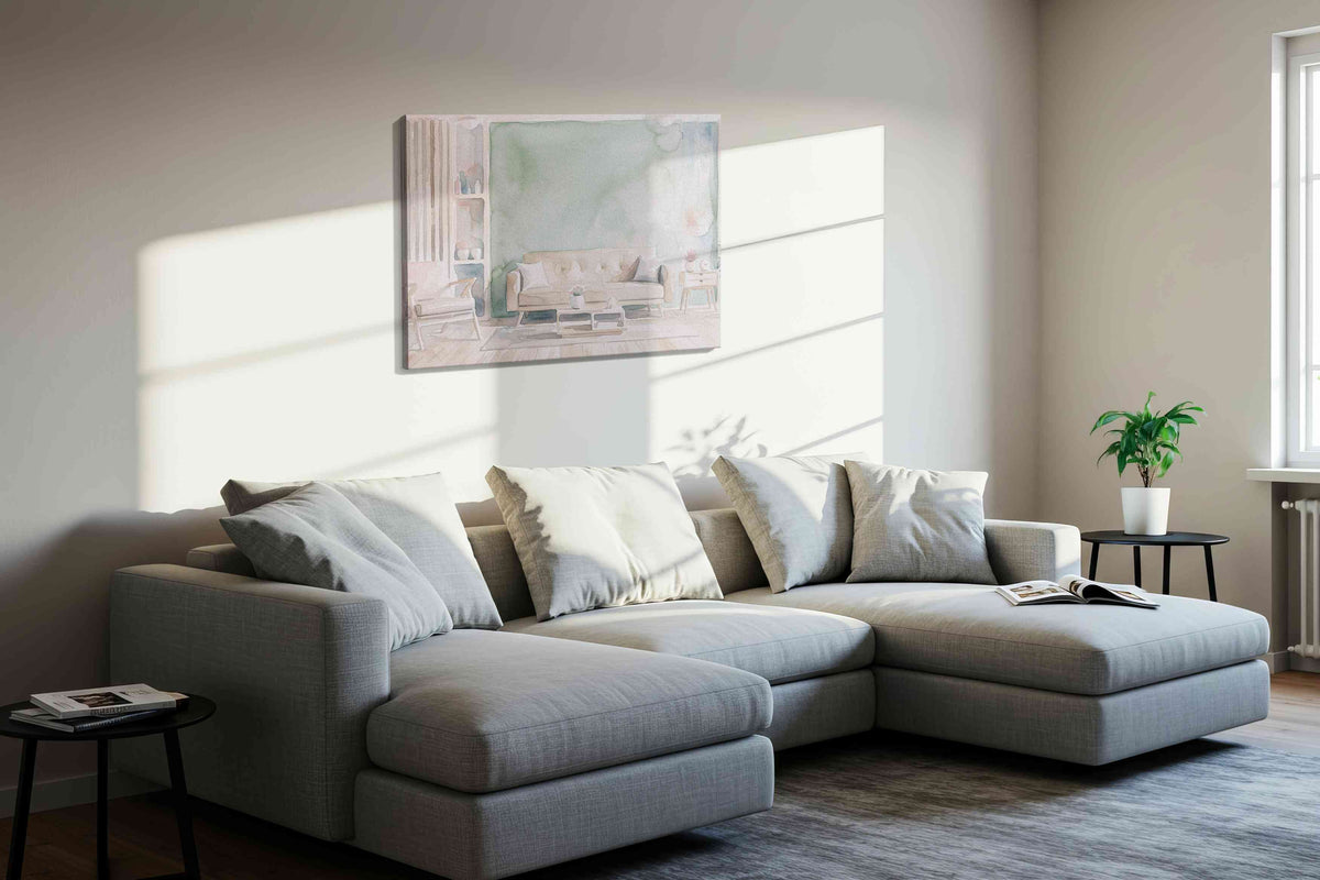 Seafoam Sanctuary canvas wall art displayed above a sofa in a styled living room scene