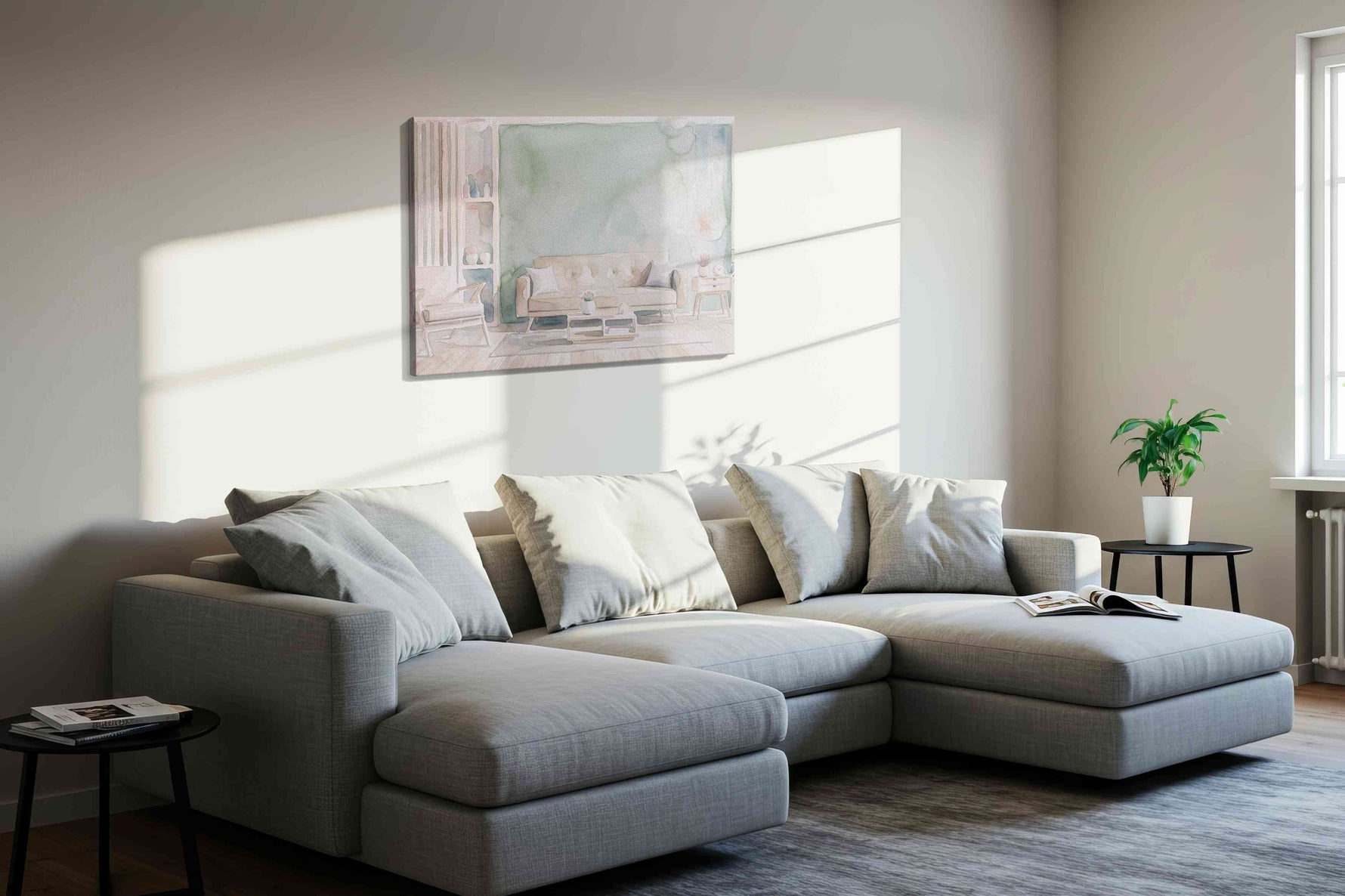 Seafoam Sanctuary canvas wall art displayed above a sofa in a styled living room scene