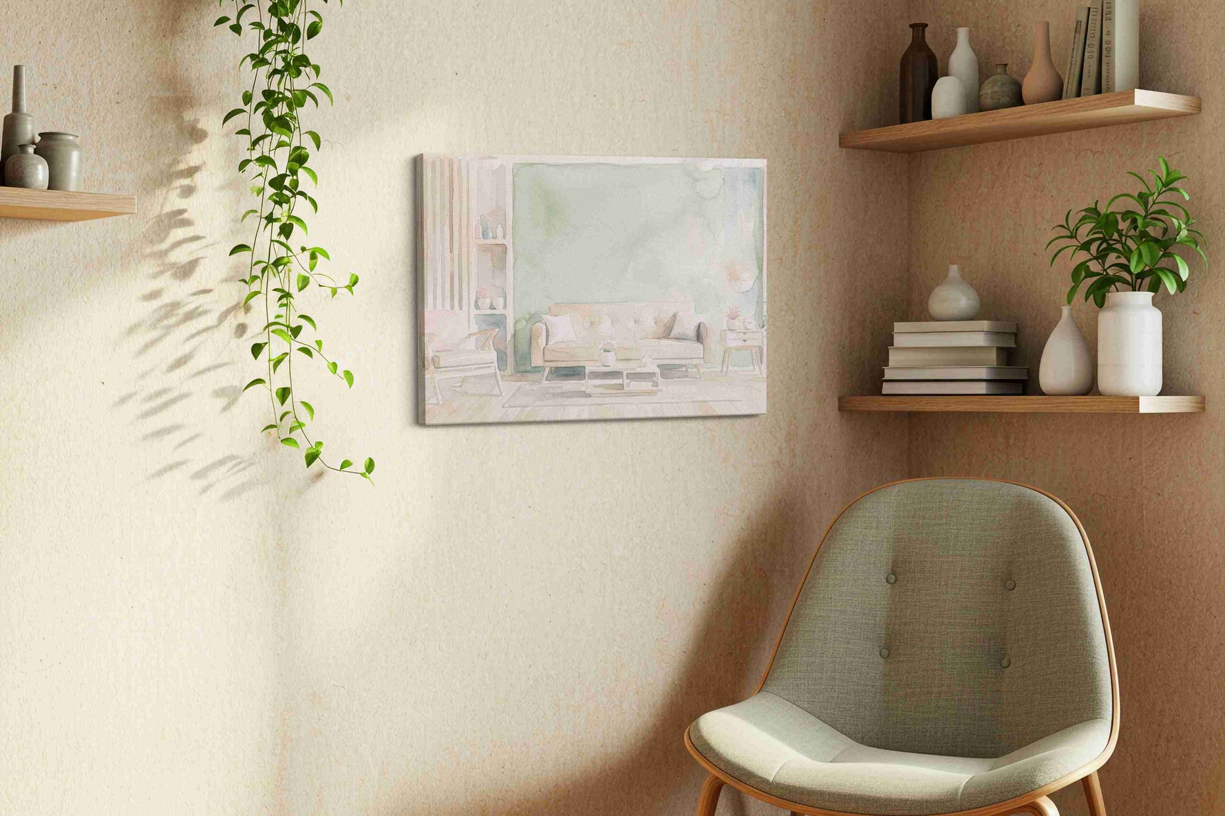 Seafoam Sanctuary canvas wall art displayed above a bed in a contemporary bedroom
