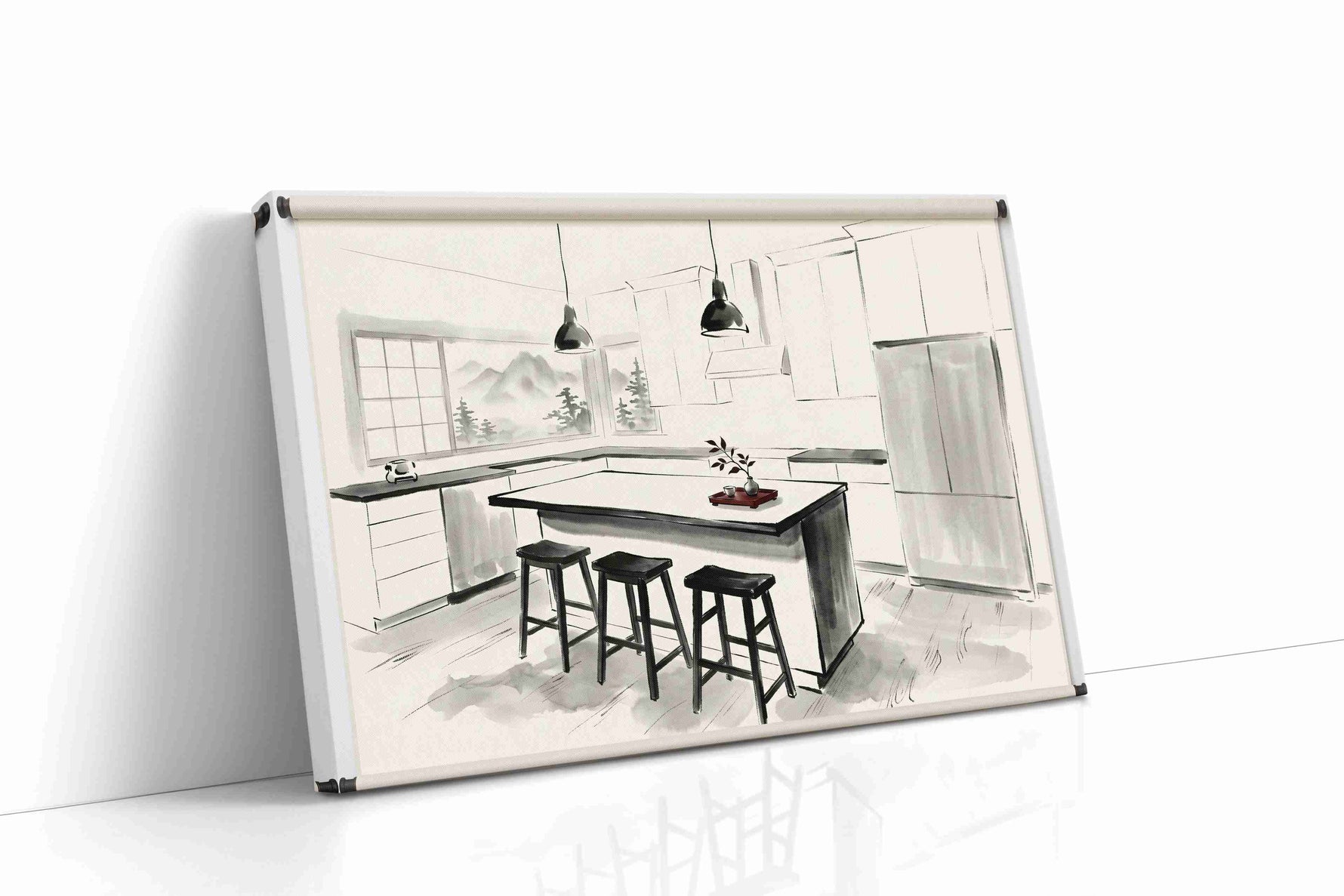 Tea Light Over Misty Peaks canvas wall art displayed above a sofa in a modern living room