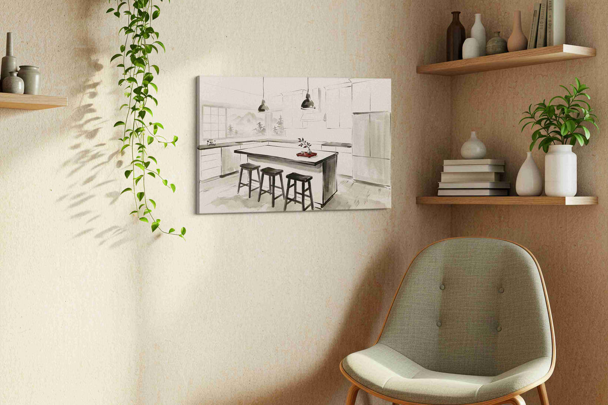 Tea Light Over Misty Peaks canvas wall art displayed above a bed in a contemporary bedroom