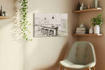 Tea Light Over Misty Peaks canvas wall art displayed above a bed in a contemporary bedroom