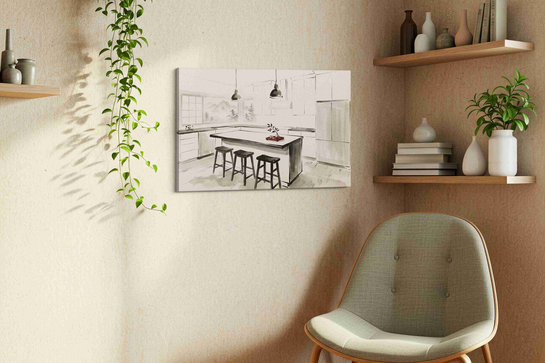 Tea Light Over Misty Peaks canvas wall art displayed above a bed in a contemporary bedroom