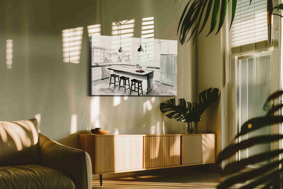 Tea Light Over Misty Peaks canvas wall art shown hanging in a styled interior
