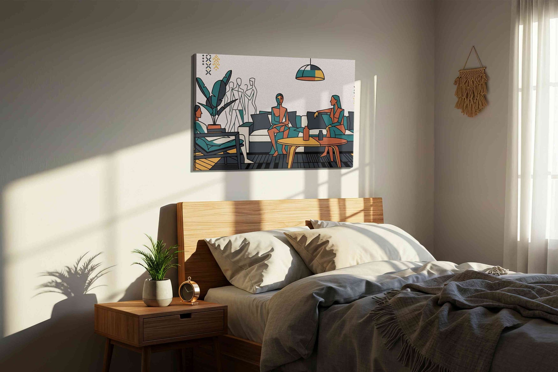 Teal Reverie Gathering canvas wall art displayed above a bed in a styled bedroom scene