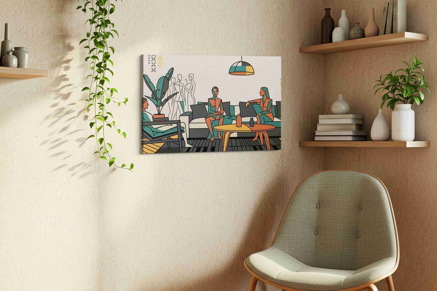 Teal Reverie Gathering canvas wall art styled in a living room