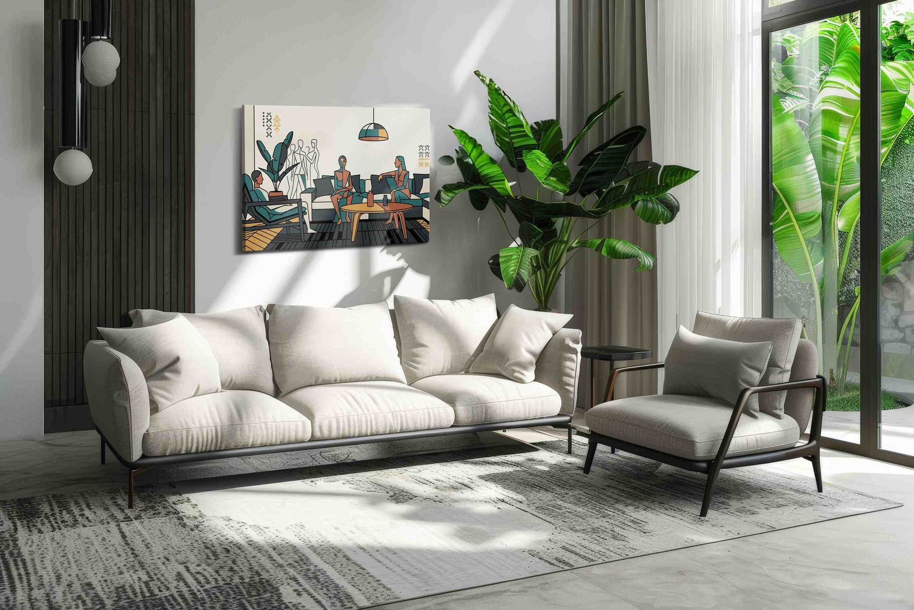 Teal Reverie Gathering canvas wall art in a modern interior mockup